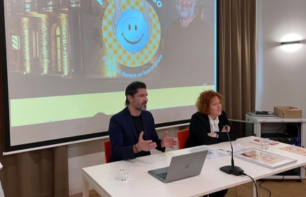 Il Presidente Matteo Bianda e Roberta Riassetto, responsabile del progetto, presentano il Pasto Sospeso alla stampa